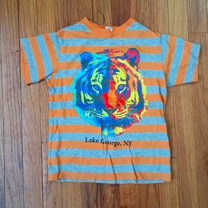 3/$10 🌟 Lake George NY Orange Grey Gray Striped Lion Head T-shirt Shirt Top S